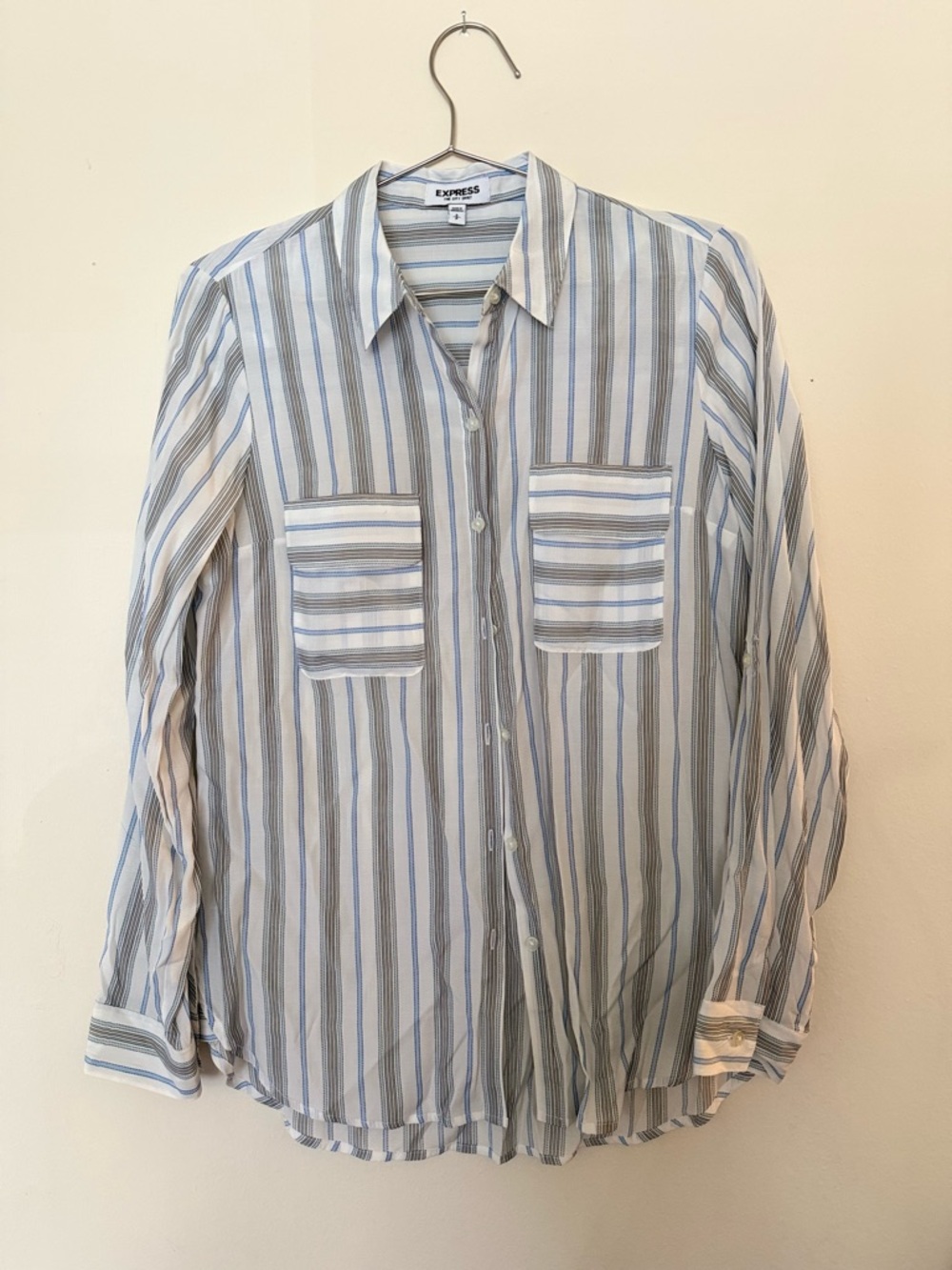 Women Express Striped Blue, White & Gray Button-Down Shirt